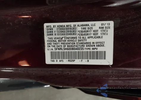 2013 Honda Odyssey Ex-L from USA, damaged, VIN 5FNRL5H60DB040235